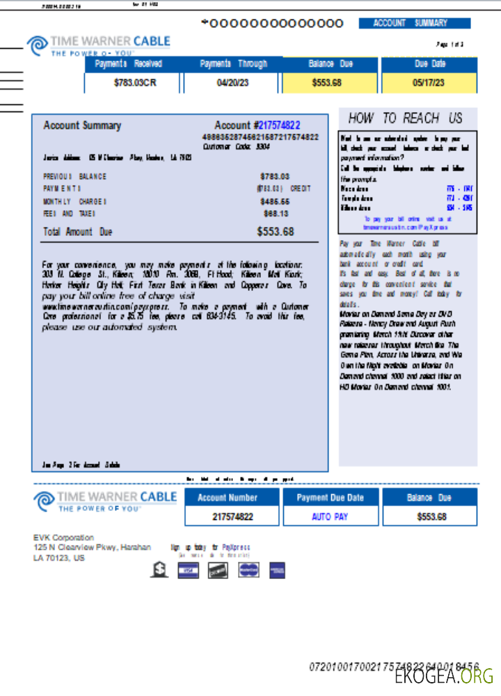 Facture commerciale de service public de Time Warner Cabel, page 1, SCR
